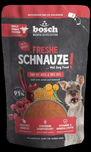 Bosch Freshe Schnauze, Rind mit Hirse und Rote Bete 1 x 250 g, Schonend Dampfgegartes Nassfutter für Hunde, Vollwertiges Alleinfuttermittel mit hohem Fleischgehalt, 250 g Hundenassfutter