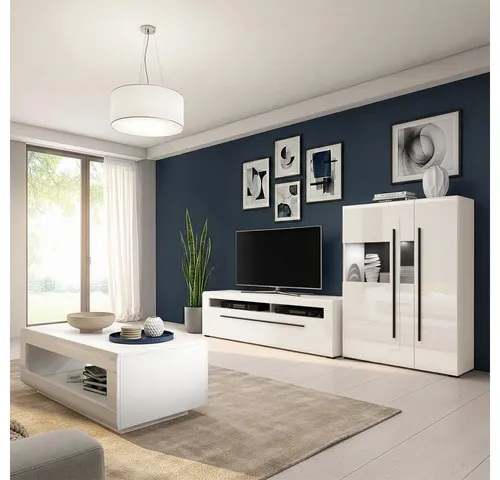 Lomadox Wohnzimmer-Set TURDA-83, (Mega-Spar-Set, 3-St., Couchtisch Highboard Lowboard Sideboard Vitrine Wandregal), weiß Hochglanz modern Metallgriffe schwarz LED Beleuchtung
