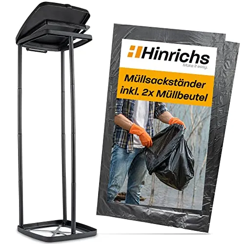Hinrichs Müllsackständer 120L - Höhenverstellbarer Müllbeutelhalter mit Deckel & Klemmring für 120L Müllsäcke - Müllsackhalter mit Deckel inkl. 2x 120L Müllsäcke - Gelber Sack Ständer