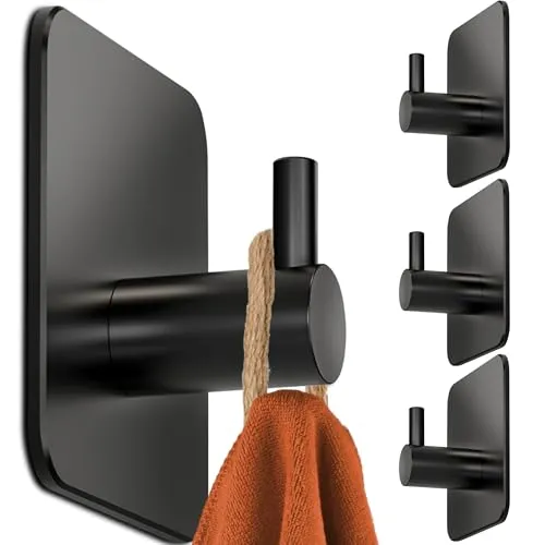 4smile Handtuchhalter ohne Bohren, 4er Set - Schwarze Edelstahl Klebehaken als Handtuchhaken, wasserdichte Haken selbstklebend - Rostfreie Badezimmer Handtuchhalter, Haken für Bad und Küche