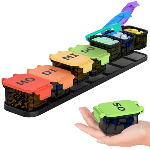 Tablettenbox 7 Tage, Abnehmbar Extra Große Pillendose 7 Fächer Medikamentenbox mit Großen Fächern für Vitamine, Fischöl und Medikamente, Tabletten Wochenbox Leicht Zu Öffnen Pillenbox 7 Tage