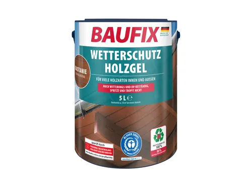 BAUFIX Wetterschutz-Holzgel kastanie seidenglänzend, 5 Liter - Bauen & Renovieren: Hochwertige Holzlasur mit hoher Witterungs- & UV-Beständigkeit, ideal für Innen- und Außenanwendungen.