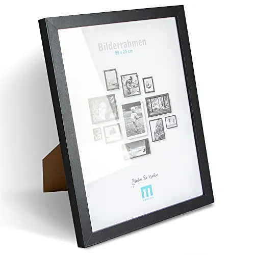Zeitlos, moderner Bilderrahmen aus MDF, schwarz für 20x25 cm kleine Fotos und Bilder. Inkl. Acrylglasschutz. Er eignet sich als Tisch-Aufsteller und für die Wand, im Hochformat oder Querformat.