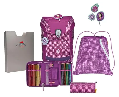 DerDieDas Ergoflex Easy Purple Dots Schulranzen - Schulranzen mit 5 Teilen, ergonomischem Design und Brust- sowie Hüftgurt für optimalen Tragekomfort, ideal für Mädchen.