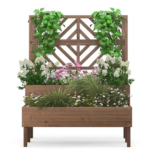 GOPLUS 2 Etagen Hochbeet mit Rankgitter - Hochbeet mit zwei Pflanzkästen und Rankhilfe, ideal für Kletterpflanzen. Aus robustem Tannenholz, wasserfest und mit Entwässerungslöchern für gesunde Pflanzen.