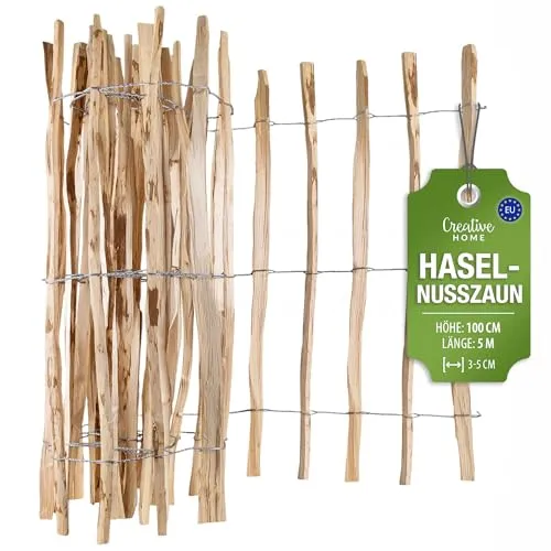 Creative Home Haselnusszaun 100cm hoch, 5m lang – Robuster Rollzaun für den Garten
