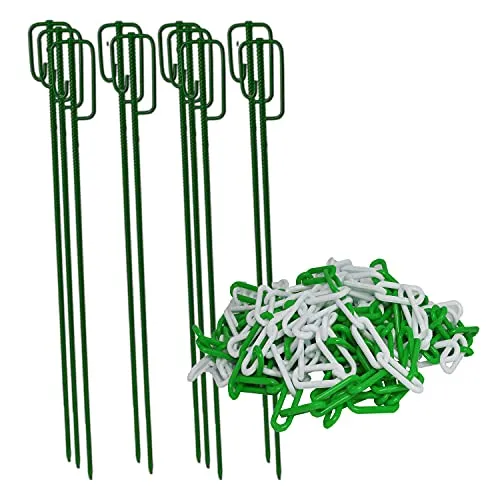 UvV Absperrleinenhalter 10 Stück mit Kette Ø 14 x 1200 mm geriffelt, verschiedene Farbkombinationen erhältlich, Absperrkette aus Kunststoff mit 25 Metern Länge und wahlweise 6 o. 8 mm (GRÜN 8 mm)