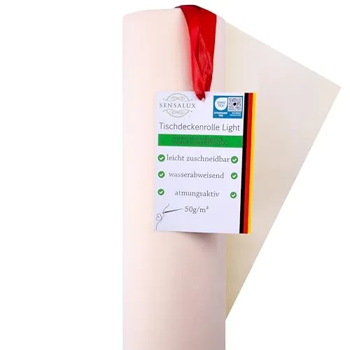 Sensalux Light Tischdeckenrolle Creme - 25m lang, Oeko-TEX® 100 - Party Tischdeckenrolle aus stoffähnlichem Vlies, ideal für jede Feier. Made in Germany, allergie-neutral und reißfest, mit Lotuseffekt für leichten Schutz und Farb-Brillanz.
