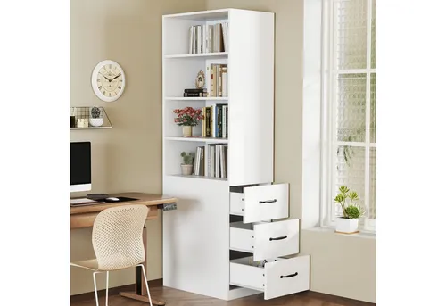 Odikalo Hochschrank Eckschrank Standvitrine mit Stauraum (180 cm hohes, extra schmales Bücherregal mit seitlichen Schubladen - Verstellbare Böden, links und rechts austauschbar, geeignet für kleine Räume -Sideboard, Wohnzimmer-Hochschrank, Bücherregal, für Wohnzimmer, Esszimmer, Flur, Schlafzimmer, Büro, Wohnung)