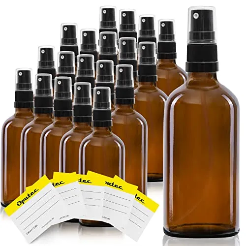 Oputec 20 x 100 ml Sprühflaschen aus Glas mit Zerstäuber - Hochwertige Braunglasflaschen mit feinem Sprühkopf für präzise Dosierung. Ideal für unterwegs, geruchsneutral und spülmaschinengeeignet. Perfekte Aufbewahrungslösung für Flüssigkeiten.