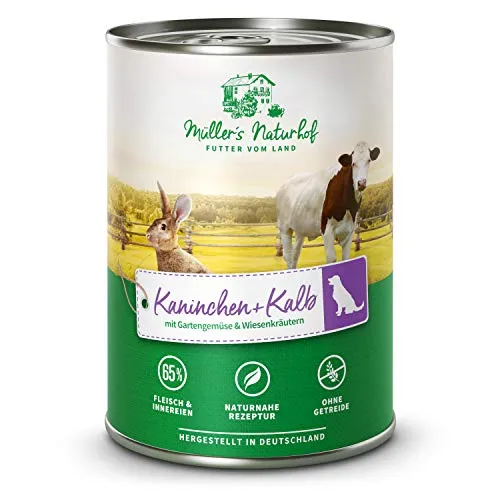 Müllers Naturhof - Kalb und Kaninchen - 6 x 400 g - Nassfutter für alle Hunderassen - getreidefrei und glutenfrei - mit Gartengemüse und Wiesenkräutern - naturnahe Rezeptur mit 65% Fleisch
