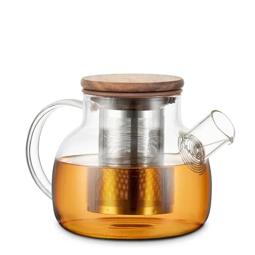 Teekanne aus Glas mit Holzdeckel & Edelstahlfilter 0,75L – hitzebeständige Glasteekanne aus Borosilikatglas für losen Tee, spülmaschienenfest für 4–6 Tassen, Teekrug klein aus Glas mit Sieb
