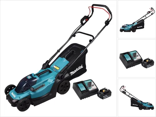 Makita DLM 330 RG Akku Rasenmäher 18 V 33 cm - Elektrorasenmäher mit umweltfreundlichem 18 V Antrieb, ideal für kleinere Rasenflächen bis 450 m². Faltbarer Holm und niedriger Geräuschpegel für den Einsatz in Wohngebieten.