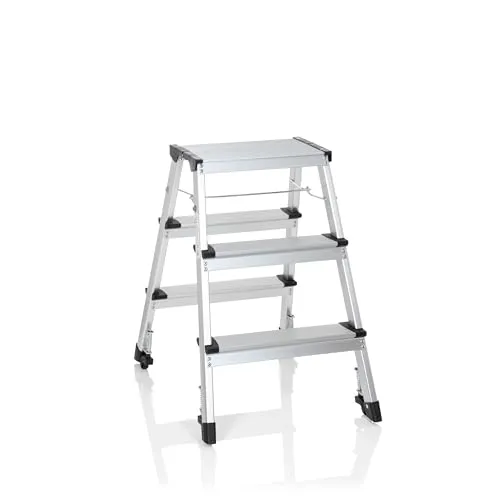 hjh OFFICE 830009 Trittleiter mit Rollen SOLID IV - Leichte Aluminium-Klappleiter mit 3 Stufen, beidseitig begehbar und bis 150kg belastbar – ideal für Büro und Haushalt. Mit Rollen für einfachen Transport und rutschfesten Stufen für sicheren Stand.