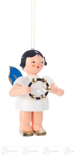 Baumschmuck Engel mit Schellenring – große blaue Flügel, 9 cm - Bunter Baumschmuck aus Holz mit weihnachtlichem Motiv. Ideal für eine festliche Dekoration im Wohnzimmer, Küche oder Schlafzimmer.