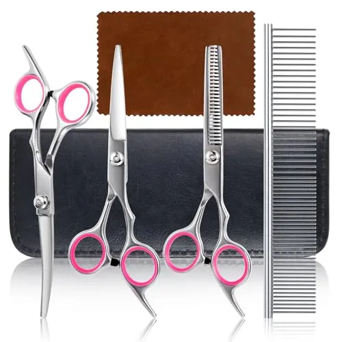 Haustier Pflegeset, Edelstahl Hundeschere Trimmer Kit für Hunde Katzen Ganzkörper, Gesicht, mit 6 Zoll Fellschere, Effilierschere, Gebogener Schere und Hundekamm