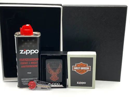 Zippo Feuerzeug Harley Davidson Motorrad schwarz matt Geschenkset Sturmfeuerzeug