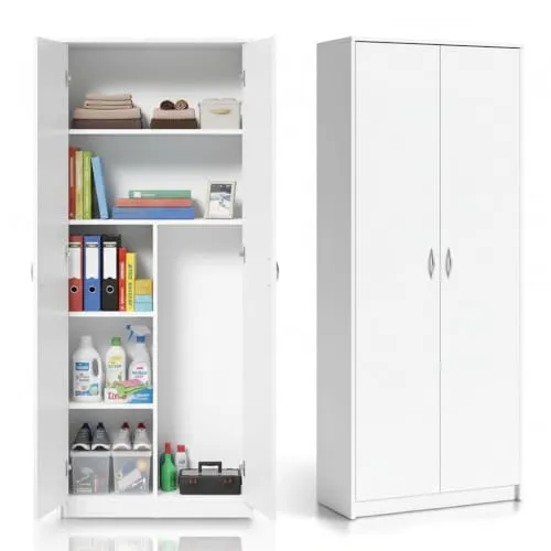 Home Collective Mehrzweckschrank Haushaltsschrank Besenschrank weiß 74cm Breite - Drohnen - Multifunktionaler Schrank aus hochwertigem MDF Holz mit 4 Fächern und extra Platz für große Haushaltsgeräte, ideal für Ordnung und Stauraum in jedem Raum.
