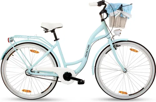 Goetze Style 28 Zoll City Bike, 18 Zoll Tiefeinsteigerrahmen, 3-Gang Shimano Nexus, V-Bremse, LED-Beleuchtung, Komfortsattel, Rattankorb