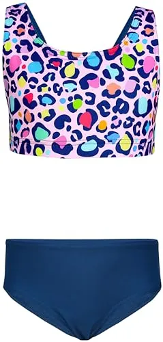 Aquarti Mädchen Sport Bikini Racerback Bustier & Bikinislip, Farbe: Leopardenmuster Rosa Pink Lila Dunkelblau, Größe: 170