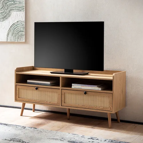 WOHNLING Lowboard 120 cm - TV Schrank mit Rattan-Design - Moderner TV-Schrank mit elegantem Rattan-Geflecht, ideal für Fernseher bis 50 Zoll. Bietet vielseitigen Stauraum und schützt den Boden durch Anti-Rutsch-Noppen.