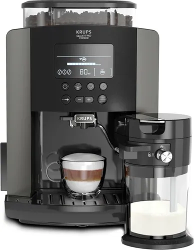 Krups EA 819E Arabica Latte - Kaffeevollautomat mit Quattro Force - Kaffeevollautomat mit Quattro Force Technologie für perfekten Kaffeegenuss. Individuell einstellbare Stärke und zwei Getränke gleichzeitig, ideal für Barista-Qualität zu Hause.