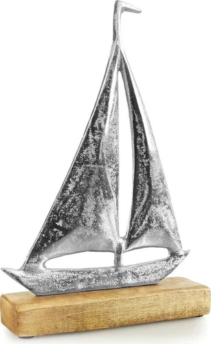 com-four® Segelschiff, Segelboot - Maritimer Aufsteller - Metall-Schiff - Deko-Schiff aus Metall und Standfuß aus Mangoholz