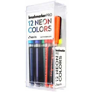 Karin Brush-Pen 27C12 BrushmarkerPRO NEON Colors - Set mit 12 leuchtenden Neonfarben für kreative Projekte, japanische Nylonspitze für präzise Pinselstriche und müheloses Mischen.