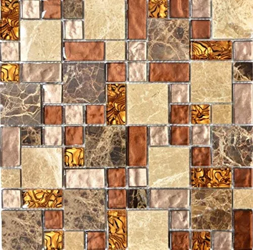Naturstein Glasmosaik Marmor Mosaikfliesen - Elegante Fliesenspiegel für Küchen und Bäder - Glasfliesen aus Naturstein in beige-braun mit glänzender Oberfläche, ideal für Küchenrückwände und Badezimmer. Jede Matte umfasst 0,09 qm und bietet vielseitige Gestaltungsmöglichkeiten.