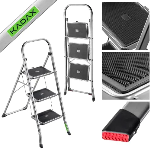 KADAX Aluminium Trittleiter, klappbare Sicherheitsleiter mit 3 Stufen, rutschfeste Beine, max. Belastung 150 kg, ideal für Haushalt und Garten