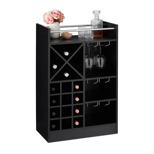 Relaxdays Weinregal mit Glashalter für 22 Flaschen - Weinregal für 22 Flaschen und 6 Gläser, freistehend in modernem Schwarz - ideal für Ihre Hausbar und Vinothek, HxBxT: 96 x 63 x 35 cm.