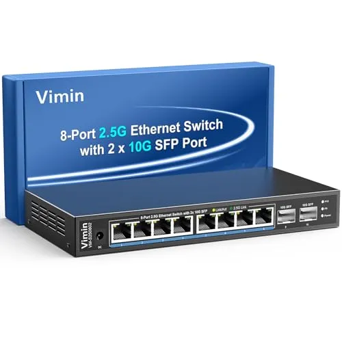 10-Port 2,5G Unmanaged Netzwerk Switch, Vimin 8X 2,5Gbase-T Ethernet Ports, 2X 10G SFP+Switch, 80Gbps Switching Kapazität, Metallgehäuse, Geeignet für 2,5Gbps NAS, Wireless AP & PC, Plug and Play