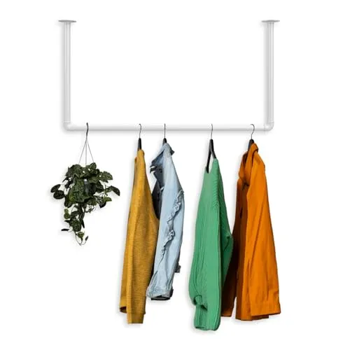 RSR Hangers Kleiderstange Garderobe Industrie Design für Decke weiß | Breite 70 cm x Höhe 30 cm | Deckengarderobe | Garderobenstange | Deckenmontage | Schlafzimmer | Flur | Kratz-, Stoß-& Schlagfest