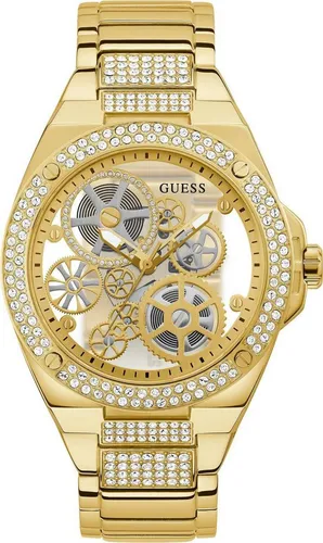 Guess Big Reveal GW0323G2 Herrenuhr - Elegante Armbanduhr für Herren mit goldfarbenem Edelstahl-Gehäuse und -armband. Das skelettierte Zifferblatt und die Wasserdichtigkeit bis 5 ATM machen sie zum perfekten Accessoire für jeden Anlass.