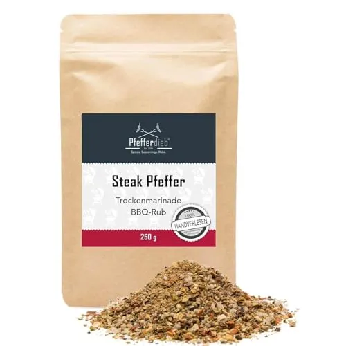 Pfefferdieb® Steak Pfeffer | Premium Grillgewürz Steakgewürz | BBQ Rub Trockenmarinade | pikant-würzige Rauchnote | 250g
