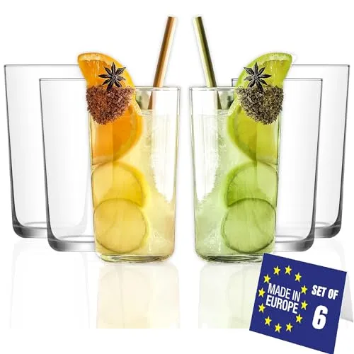 LAV Luxus Longdrinkgläser 6er Set 490ml, 100% BLEI FREI Wassergläser Spülmaschinenfest, Trinkgläser Set, Highball Gläser, Longdrink Gläser Set, Cocktail Gläser, Bier Glaser, Cocktailgläser