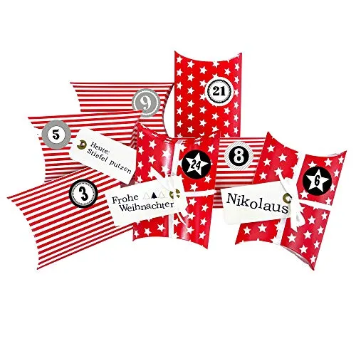 Frau WUNDERVoll® DIY ADVENTSKALENDER CHRISTKIND zum Befüllen, rot Sterne und Streifen, Ziffern grau, Kissenschachteln 15x11x4,5cm / Weihnachten, Papiertüten, Kinder, Geschenkbeutel, Aufkleber