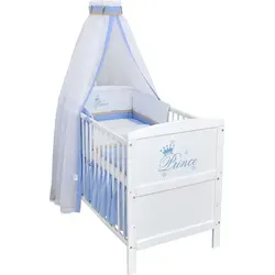 Baby-Delux Babybett Natalie Prince 140x70 Weiß inkl. Bettset - Königliches Babybett mit bezauberndem Prince-Motiv, aus massivem Kiefernholz. Mit 3 herausnehmbaren Schlupfsprossen und 3-fach höhenverstellbarem Lattenrost für langanhaltenden Komfort.
