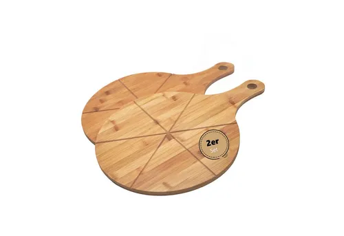 hausleben Pizzaschneidebrett Doppelpack - 2-teiliges Pizzaschneidebrett aus 100% Bambus, mit praktischem Griff, ideal zum Servieren und Schneiden von Pizza.