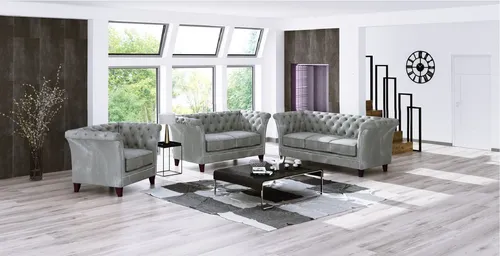 S-Style Chesterfield Polstergarnitur Rainsburg 3+2+1 - Luxuriöse Couchgarnitur aus exquisitem Samtstoff mit eleganten Holzfüßen und Wellenfederung für höchsten Komfort.