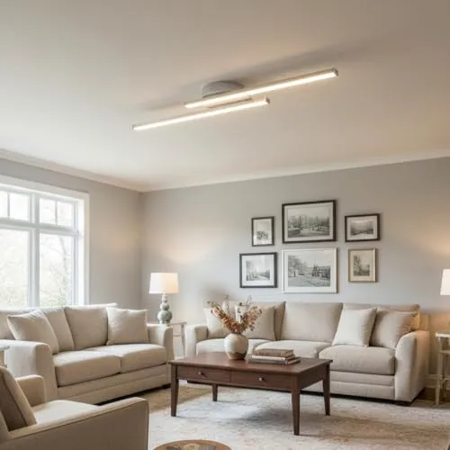 Trango 3158 Design LED-Deckenleuchte *STRAIGHT* 2 Flammen - Moderne Deckenleuchte mit zwei parallel versetzten Leuchtenarmen, 900 Lumen und warm-weißem Licht (3000K) für eine blendfreie Ausleuchtung in Nickel matt & Chrom.