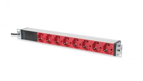 DIGITUS Professional DN-95410-R PDU 19 Rack - Steckdosenleiste für Rackmontage mit 8 roten Schuko-Gniesen, 2m Kabel und 10A, ideal für effiziente Stromverteilung in Serverräumen.