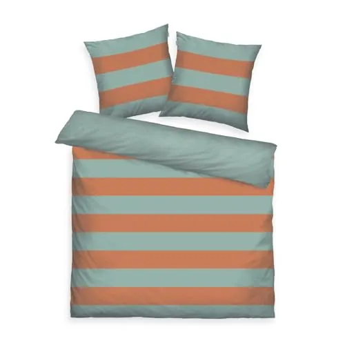 TOM TAILOR Renforcé-Bettwäsche, 2*80x80 cm + 200x220 cm, 100% Baumwolle/Renforcé, mit Wendemotiv und farbigem Markenreißverschluss, BOLD STRIPES Orange, Türkis (Warm Coral & Fresh Sage)