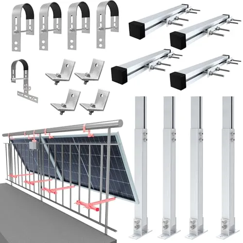 Balkonkraftwerk Halterung Geländer Befestigung für 2 Solarmodule und ein Wechselrichter Photovoltaik | RUND | Set | Neigungswinkel 0° & 25-45°| Durchmesser bis 80mm, Silber PV