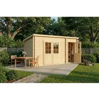 Alpholz Gartenhaus Maria mit Anbau, 450x279 cm - Gartenhaus aus naturbelassener nordischer Fichte, ideal für kreative Gartenprojekte. Mit 40 mm Wandstärke und Pultdach für optimale Raumnutzung und Stabilität.