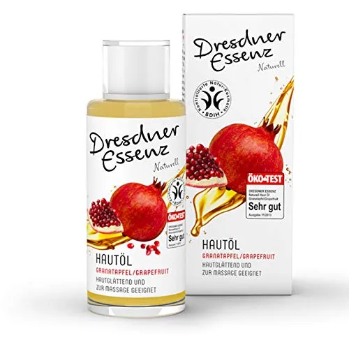 Dresdner Essenz Naturell Hautöl Granatapfel Grapefruit 100 ml - Pflegeöl mit Granatapfel- und Grapefruitduft, fördert die Durchblutung und belebt die Sinne. Enthält wertvolle Pflanzenöle und Vitamin E für geschmeidige, elastische Haut. Ideal für natürliche Hautpflege.