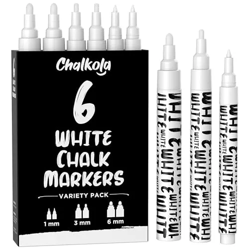 Chalkola Kreidestifte für Tafel Abwaschbar Weiß | 6 Kreidemarker Weiss 1mm, 3mm & 6mm Spitze | Kreidestift Weiß für Fenster, Tafel, als Glasstift | Chalk Markers für alle Altersgruppen