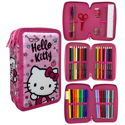 CARTOON Federmäppchen mit 3 Reißverschlüssen, 44 Stück, für die Schule, mehrere Fächer, Stifte, Buntstifte, Filzstifte Giotto, Hello Kitty, 20 x 13 x 6 cm, Modern