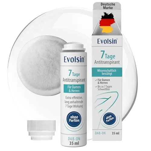 Evolsin® 7 Tage Antitranspirant für Herren & Damen – Langfristige Schweißkontrolle - Das Evolsin Antitranspirant bietet effektive Schweißreduktion für bis zu 7 Tage. Ideal für alle Körperregionen und ohne Duftstoffe, unterstützt es eine einfache Anwendung in der wöchentlichen Pflege.