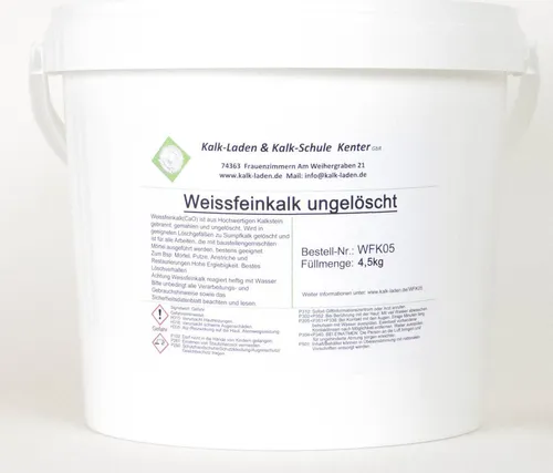 Weißfeinkalk, gebrannter und gemahlener Kalk (Pulver-Kalk), 4,5 kg - Mörtel - Hochreaktiver Weißfeinkalk (4,5 kg) im wiederverwendbaren Eimer, ideal für Bauprojekte und Restaurierungen, erfüllt die Norm EN 459-1.